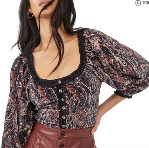 Free People Velvet Paisly Ren Fair Button Down Puffy Sleeve Ruffle Top